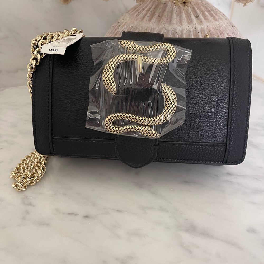 Express black leather crossbody/ shoulder bag, gold chain+ snake buckle detail